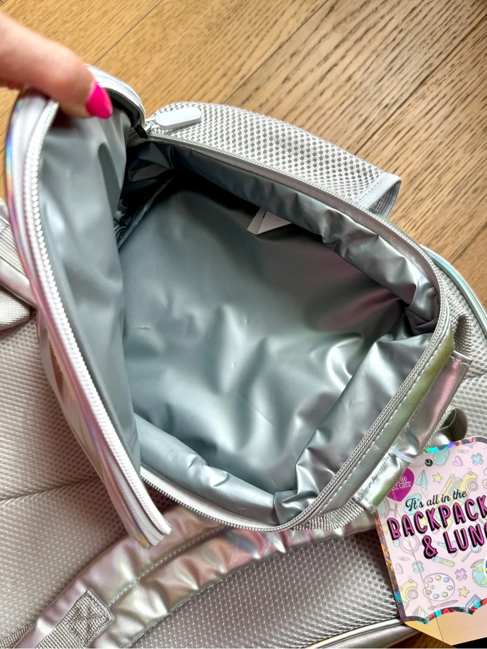 Iridescent Silver Girls Backpack with Daisy Appliqués